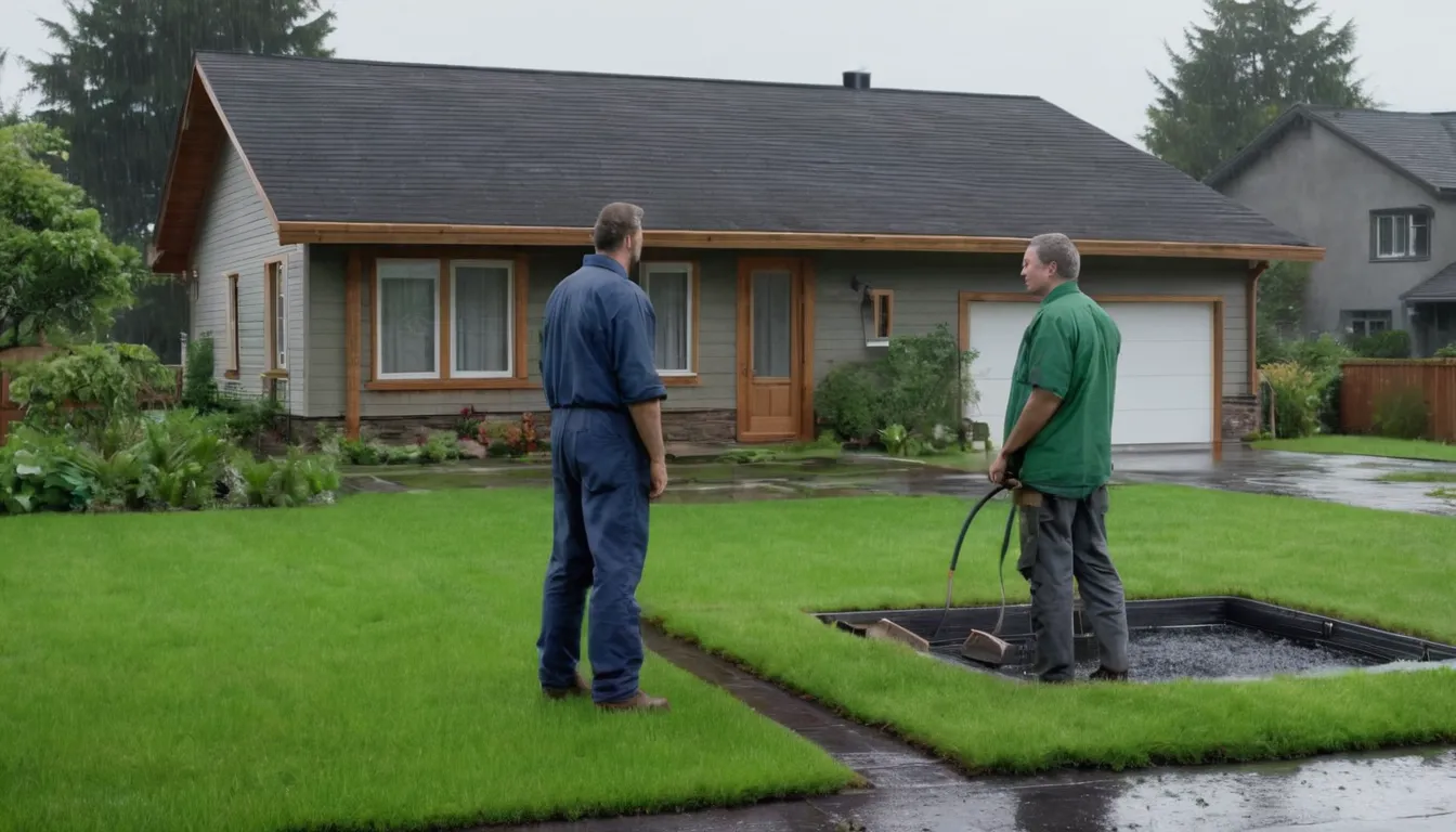 A homeowner near a green lawn in Seattle talking with a septic provider beside an access lid